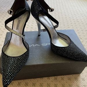 Via Spiga ABBA Black Satin Ankle Strap with Iridescent Beads Size 8